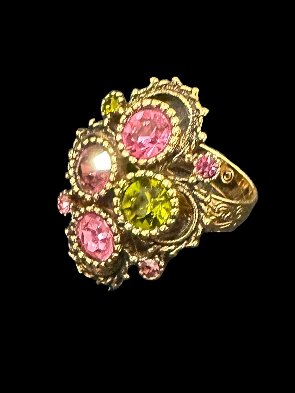 Sarah Coventry Gold-Tone Pink & Lime Green Crystal Cluster Ring
